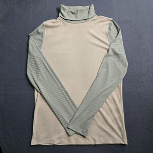 Madewell Women L Colorblock Ribbed Turtleneck Ashen Sand Long Sleeve Top